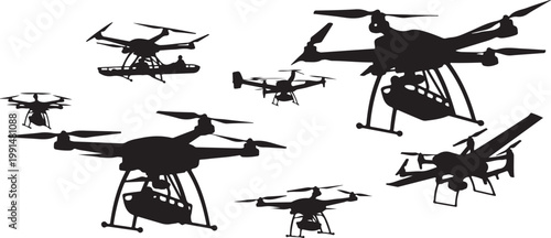 Drone, drones, black silhouettes, vector icons, aircraft, quadcopters