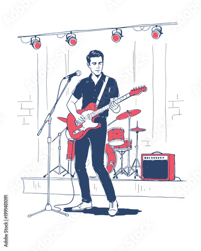 Musician Playing Red Electric Guitar on Stage Illustration