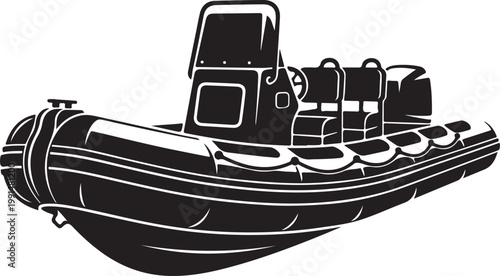 Inflatable boat, rubber dinghy, black vector icon, nautical symbol, boat illustration