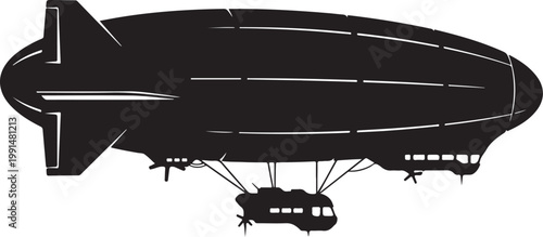 Black blimp airship, zeppelin silhouette, vector aircraft, transportation icon