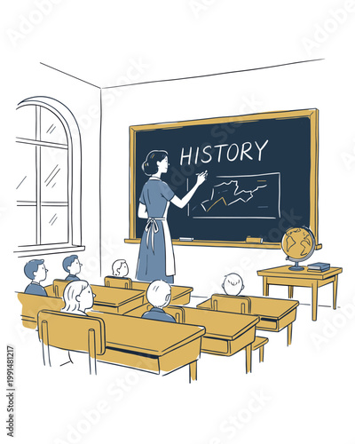 History Teacher and Students in Classroom Illustration