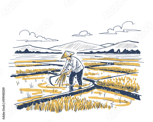 Vintage Illustration of a Rice Farmer in a Paddy Field