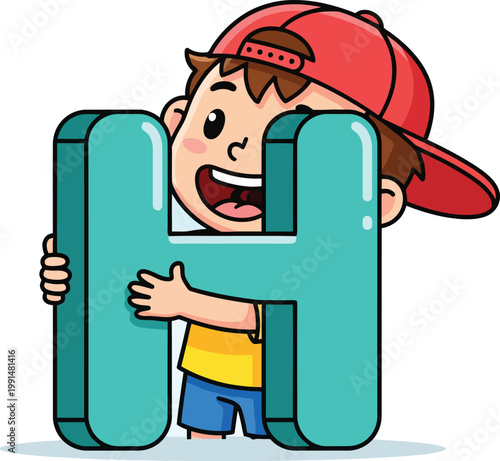 Happy cartoon boy hugging a large teal letter H, cheerful child character with red cap embracing an alphabet letter, playful educational vector illustration for kids' learning and school projects