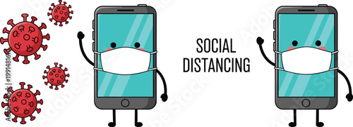 Smartphone characters wearing face masks with virus icons, social distancing concept illustration, mobile communication during pandemic, health safety awareness vector design