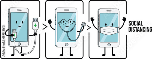 Smartphone evolution with health awareness concept, charging phone to medical checkup and mask wearing illustration, social distancing and pandemic safety vector design