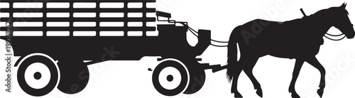 Horse, horse-drawn, wagon, silhouette, vector, black, white background, farm, rural, transportation