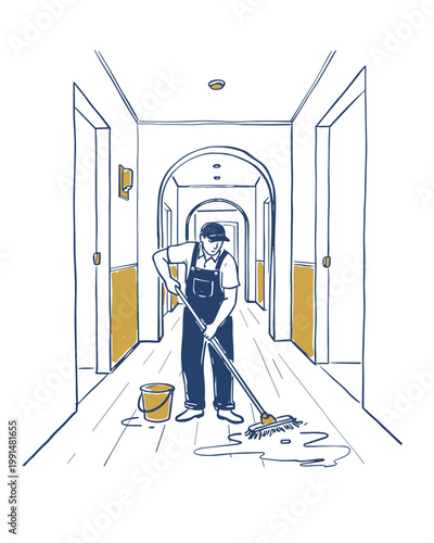 Janitor Mopping a Hallway Illustration