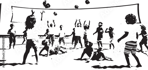 Beach volleyball, kids playing, illustration, black and white, vector graphics, sports, recreation, leisure activities