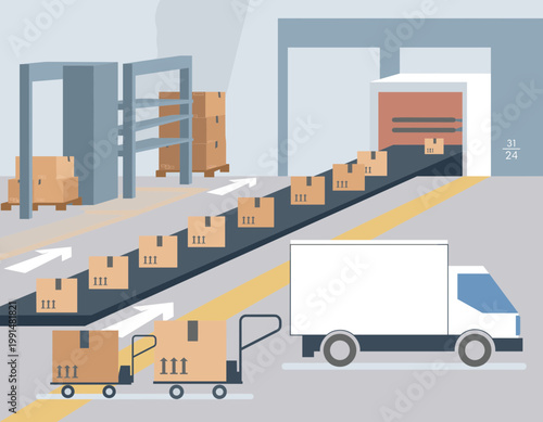 A warehouse worker operates a forklift to load boxes onto a truck on a conveyor belt in a busy industrial area.