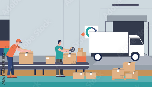 Workers loading boxes onto a truck in a warehouse loading bay area