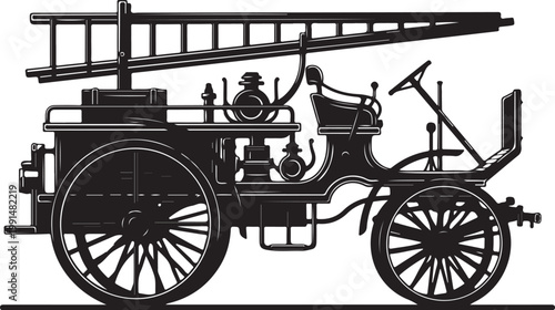 Vintage fire truck, antique fire engine, black vector illustration, emergency vehicle