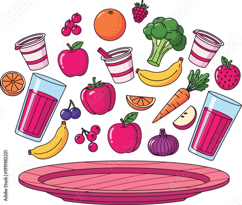 Vibrant healthy food vector collection, fresh fruits and vegetables, nutritious ingredients for a balanced diet, perfect for health and wellness designs