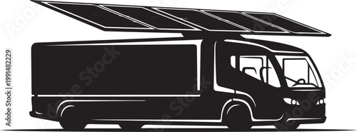 Solar powered delivery truck, eco friendly vehicle, black icon, sustainable transport