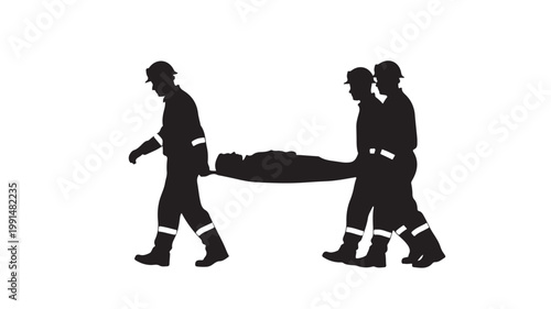Emergency responders carrying patient on stretcher silhouette vector