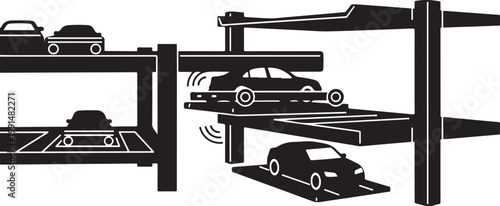Vector car parking garage, multi-level parking lot, cars on lifts, urban infrastructure, transportation