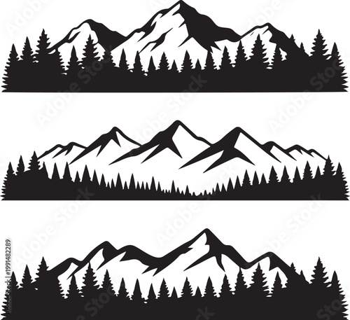 Three horizontal mountain ranges with pine tree forests, black and white silhouettes on white ground