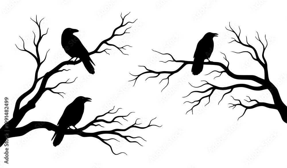 Fototapeta premium Crow silhouette vector gothic birds on branches dark illustration