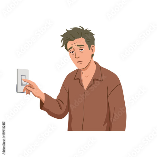 Man turns off light switch in dark room with worried expression