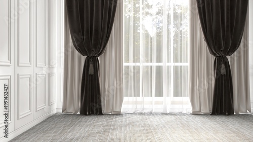 Clean empty room with white wainscot wall in sunlight from sheer, black brown blackout curtain window with tree on gray carpet floor for interior design decoration, architecture, product background 3D