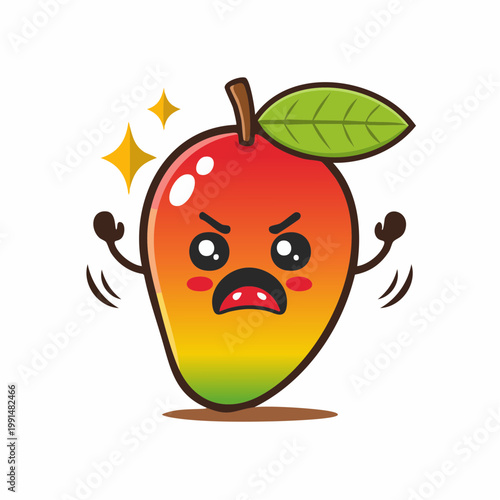 Angry cartoon mango character with sparkling eyes and clenched fists