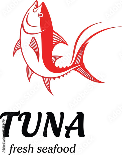 Bold red and white tuna fish vector logo, fresh seafood emblem, stylized marine animal graphic for restaurant branding, fishing industry, or food packaging design