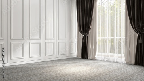 Clean empty room with white wainscot wall in sunlight from sheer, black brown blackout curtain window with tree on gray carpet floor for interior design decoration, architecture, product background 3D