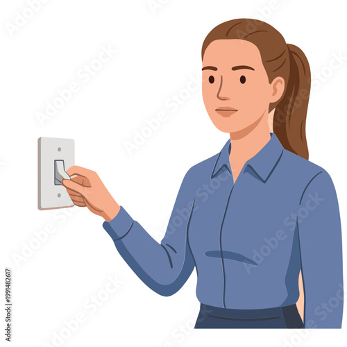 Woman turning on light switch in office setting indoors daily