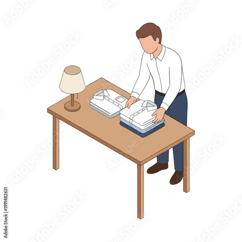 Man organizing stacks of paperwork on a wooden desk indoors
