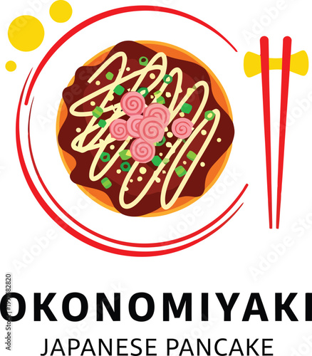 Okonomiyaki Japanese Pancake, savory Asian street food, traditional Japanese cuisine, delicious restaurant menu vector icon