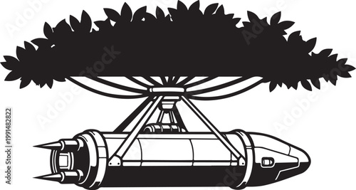 Spacecraft, futuristic spaceship, black and white illustration, sci-fi vehicle, tree on spacecraft