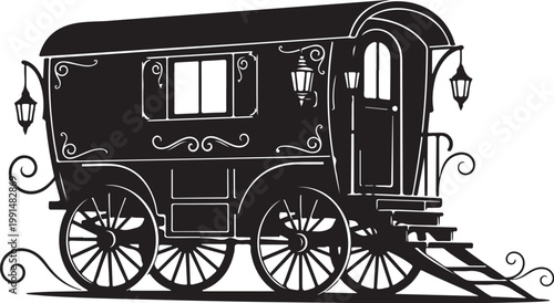Vintage caravan, luxury gypsy wagon, black silhouette, travel trailer, decorative vector