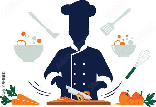Professional chef cooking and preparing food, a culinary expert in a chef's hat and uniform, surrounded by kitchen tools, fresh vegetables, and ingredients