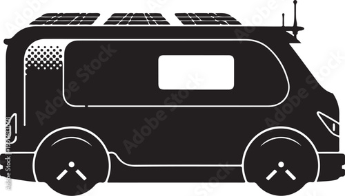 Black camper van, solar panel roof, vector illustration, RV, caravan, travel