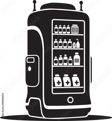 Vending Machine, Snack and Drink Dispenser, Black Vector Icon, Food and Beverage Retail