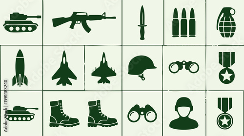 Quadro su tela Military equipment and army icons collection including weapons and vehicles
