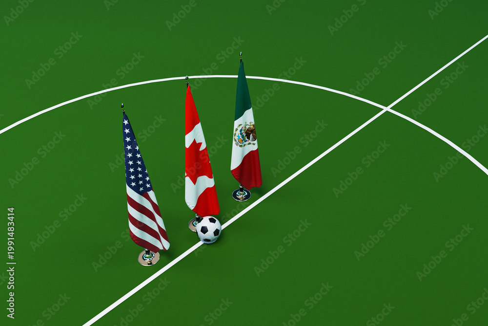 Obraz premium USA, Canada, and Mexico flags with a soccer ball on a green field. 2026 World Cup tournament in American.