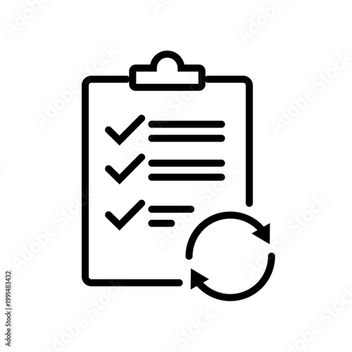A black line icon of a checklist clipboard with a circular update arrow symbol