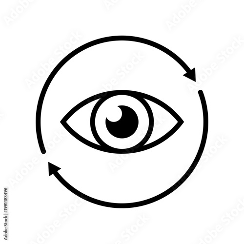 Minimalist black outline of a human eye surrounded by a circular arrow on white background