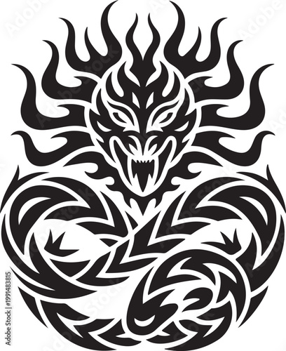 Tribal style dragon head with intricate flame patterns and coiled body silhouette tattoo