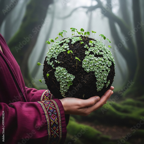 Nurturing the Earth A symbol of hope and new beginnings, this image depicts the planet cradled in hands, adorned with vibrant green sprouts