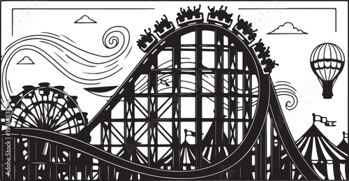 A minimalistic black and white illustration of a looping roller coaster design