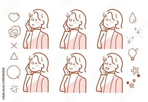 頬に手をそえている大人女性の表情パターン6種セット