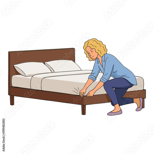 Woman making a bed with fitted sheet in a bedroom indoors