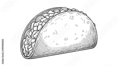 Detailed black and white sketch of a delicious taco filled with meat and vegetables showing various textures on a white background.