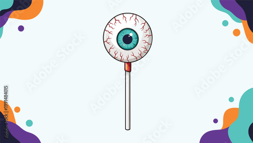 Creepy eyeball lollipop with blue iris and red blood vessels on a white background with colorful wavy borders in the corners.