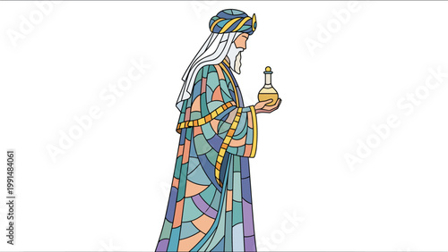 Artistic stained glass style illustration of a wise man or king wearing ornate colorful robes and a turban while carrying a jar as a gift.