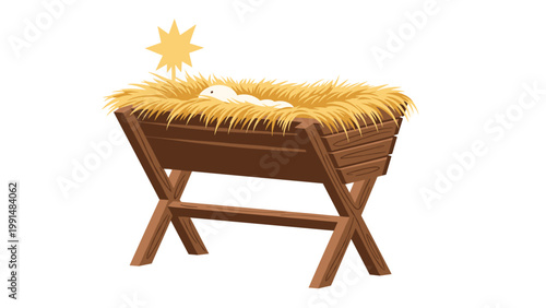 Peaceful illustration of a rustic wooden manger filled with straw where a baby lies sleeping under a bright yellow guiding star in a stable.