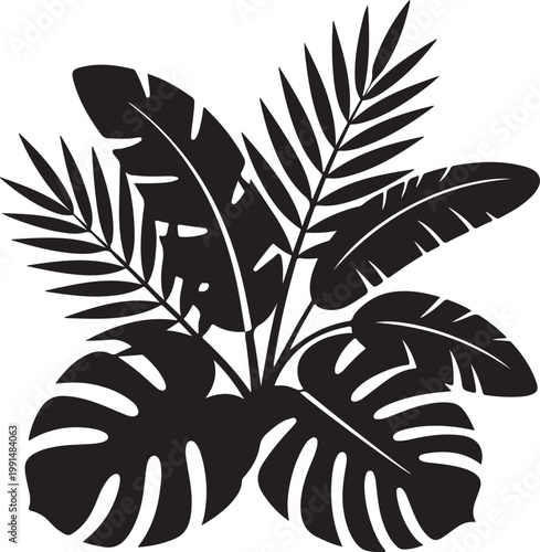 Tropical botanical foliage cluster with palm leaves and monstera, black silhouette on white surface
