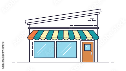 Simple vector illustration of a small shop or store facade with a striped colorful awning and two large blue display windows.