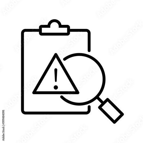 Outline icon representing an inspection of a document with a warning alert and magnifying glass